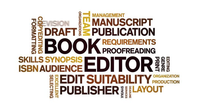 Book Editor animated word cloud-text design animation tag kinetic typography seamless loop.
