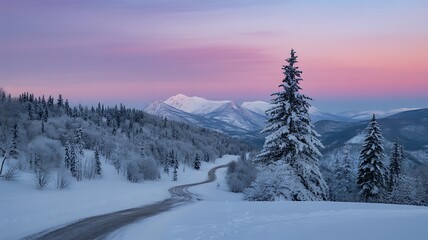 Fototapeta premium Serene winter landscape with a winding road through a snow-covered forest leading to majestic mountains at sunset, representing a peaceful journey through nature.