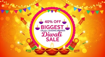 Diwali sale banner with 40 off biggest sale on all leading brands, festive lights, fireworks, and diyas