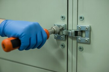Technician in blue gloves uses a screwdriver to adjust the door hinge of a metal cabinet in a laboratory setting