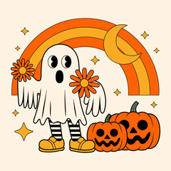 Cute Ghost and Pumpkin Halloween Rainbow Illustration