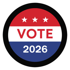 A circular red, white, and blue 'VOTE 2026' election sticker with three white stars.