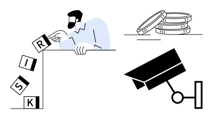 Man stacking risk blocks, surveillance camera symbolizing security, and coins representing investment. Ideal for finance, security, decision-making, surveillance, economics, risk management