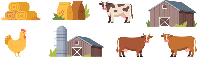 Collection Of Farm Animals And Buildings With Hay And Grain Bags barn silo