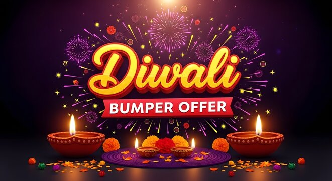 Diwali bumper offer with fireworks and diyas, celebrating the festival of lights with vibrant colors and traditional lamps, a festive advertisement for sales and promotions during the auspicious occas - Powered by Adobe