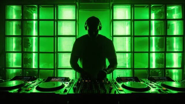 Electronic Beats: An enigmatic figure, silhouetted against a vibrant, green-lit backdrop, commands the soundscape, orchestrating a pulsating symphony of electronic music with focused intensity.