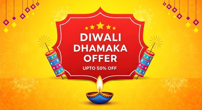 Diwali dhamaka offer a vibrant promotional graphic for the festival of lights, featuring a diya, firecrackers, and a special discount announcement