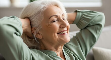 Woman smiling with hands behind head