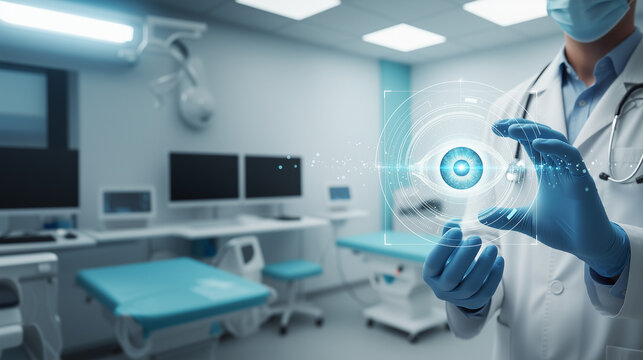 Doctor holds a holographic eye in a modern ophthalmology clinic. Suitable for medical presentations, website on eye health, or educational materials on ophthalmology.