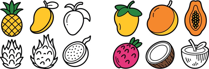 Colorful and Outline Tropical Fruits Collection on White Background Keywords: pineapple, mango