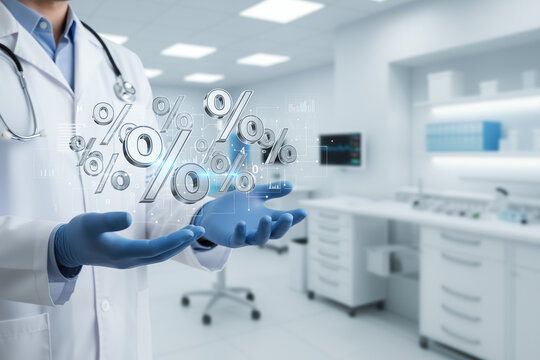 Doctor in lab coat holds floating percentage signs. Suitable for healthcare, medical, statistics, research, financial concepts in graphic design projects.