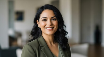 Woman smiling in a green blazer
