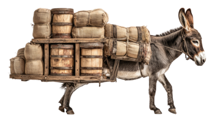 a donkey overloaded with barrels sacks a crate isolated on white background
