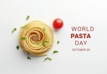 Top view pasta nest with basil and tomato — World Pasta Day layout