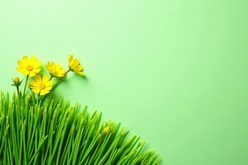 Vibrant Yellow Flowers Blooming Amidst Lush Green Grass on a Pastel Background