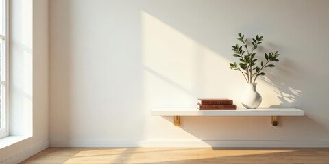Serene Minimalist Interior Featuring a White Floating Shelf with Books and Greenery in a Sunlit Room