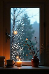 Cozy Window Scene with Wintery Design, Illuminated by Candlelight and Soft Lighting