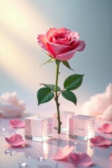 A single pink rose emerges from transparent cubes, surrounded by delicate rose petals and glistening water droplets, bathed in soft, ethereal light.