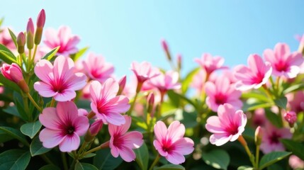 Delicate Pink Blossoms Flourishing Under a Bright Sunny Sky, a Vibrant Display of Natural Beauty