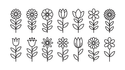 Collection of simple line art flowers in a variety of styles