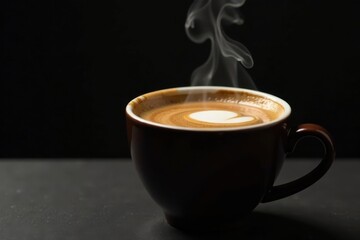 Aromatic Steaming Cup of Coffee with Heart Design Latte Art on Dark Background