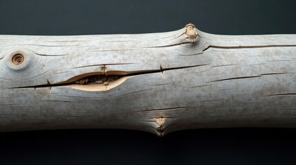 A weathered log with a unique crack revealing its inner texture, showcasing the beauty of natural decay and the passage of time.
