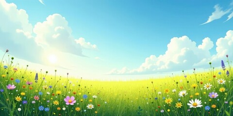 Sunny Meadow Landscape with Vibrant Wildflowers and a Blue Sky Filled with Fluffy Clouds