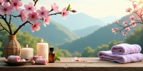 Serene Springtime Spa Setting with Blossoms, Candles, and Soft Towels on a Wooden Tabletop Against a Mountain Vista