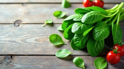 A vibrant bunch of fresh spinach leaves rests on a rustic wooden surface, accompanied by several ripe red tomatoes, creating a visually appealing and healthy still life.