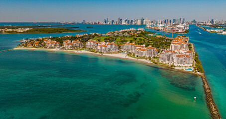 Miami Beach skyline. Miami from above. Miamis famous landmarks. South Pointe beach with...