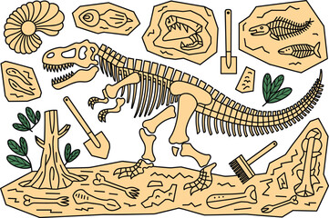 Dinosaur skeleton and paleontological excavation site illustration Keywords: dinosaur, skeleton