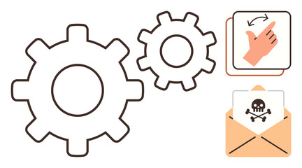 Gear wheels represent processes, hand gesture suggests troubleshooting, and malicious email with a skull warns of system threats. Ideal for security, repair, management, caution, process