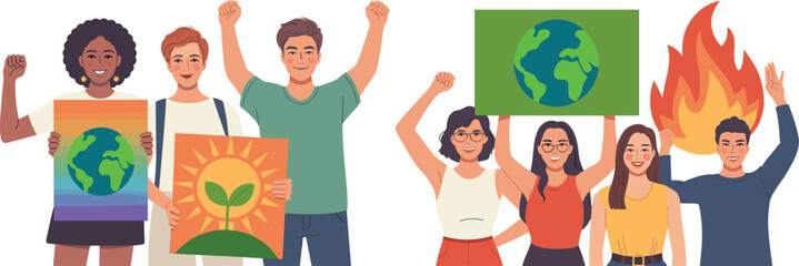 Diverse group of people holding signs for environmental protection and peace Keywords: people