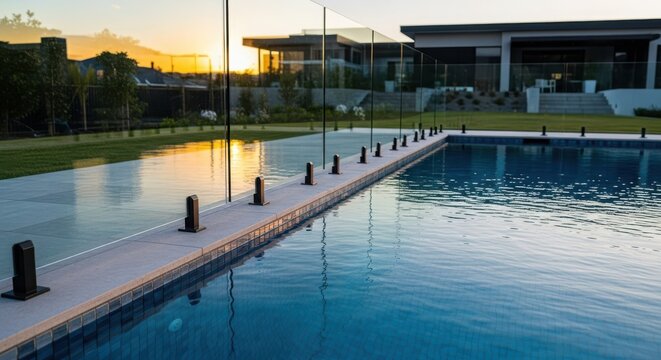 Modern swimming pool with sleek walkway and contemporary house in the background at sunset