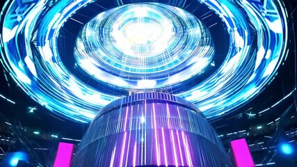 Massive futuristic dome stage giant circular LED screen ceiling, rotating center stage platform, holographic neon grids vertical light pillars blue pink, cinematic sci-fi arena, animation, 4K ultra HD - Powered by Adobe