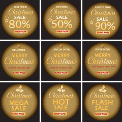 Golden Christmas sale badges with festive discounts and special offers for the holiday shopping season.