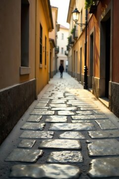 Sunlit Cobblestone Alleyway A Solitary Figure Walks Towards the Light in a Picturesque European Street