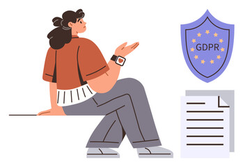 Woman sitting, gesturing towards GDPR shield and document. Ideal for data privacy, legal compliance, cybersecurity, business ethics, governance, information security, simple flat metaphor
