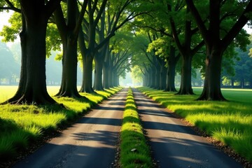Obraz premium A sunlit path lined with majestic trees, creating a picturesque and tranquil avenue, ideal for peaceful contemplation and nature photography