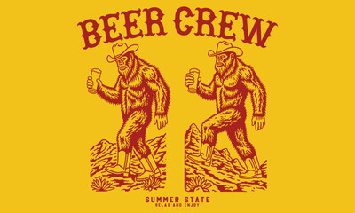 Vintage illustration of two cowboy bigfoot characters drinking beer. Retro Beer Crew artwork for t shirt print
