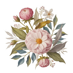 Elegant floral arrangement with soft pink and white blossoms and muted green foliage