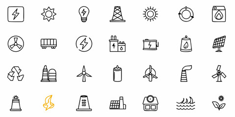 Modern set of energy source icons conveying renewable power, sustainability, and green technology solutions for eco-friendly living and a clean environment