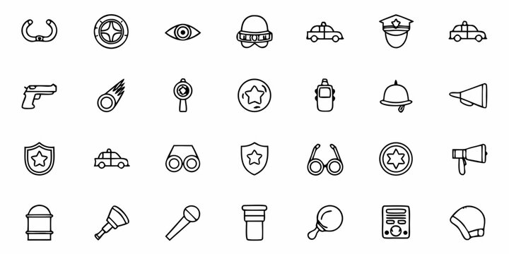 Police gear line icons presenting law enforcement essentials, perfect for security and protection visuals, ideal for safety and justice themes, delivering crime prevention
