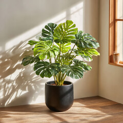 Monstera plant in black pot with sunlight casting shadows on wall