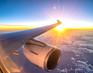 Aerial view of an airplane wing and engine towards sunrise