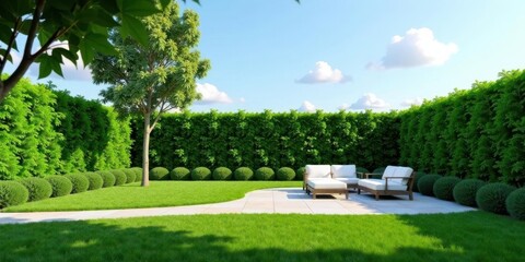 Serene Backyard Oasis Lush Greenery, Secluded Patio Furniture, and a Tranquil Lawn for Relaxation