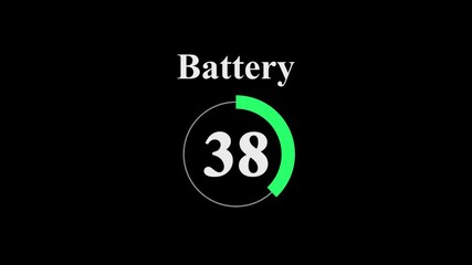 Battery level indicator at 38 percent. Modern circular battery meter on black background. battery charge visualization dashboard element.