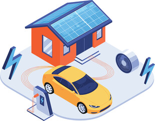 Isometric Illustration Of House With Solar Panels And Electric Car Charging solar power