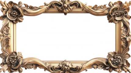 Ornate gold frame with floral details and a black background space on transparent background