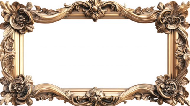 Ornate gold frame with floral details and a black background space on transparent background